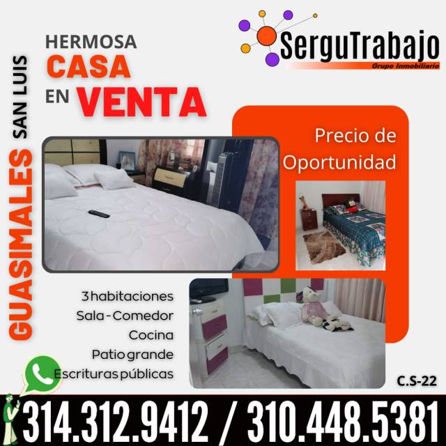 Se vende hermosa casa en Guasimales / San Luis