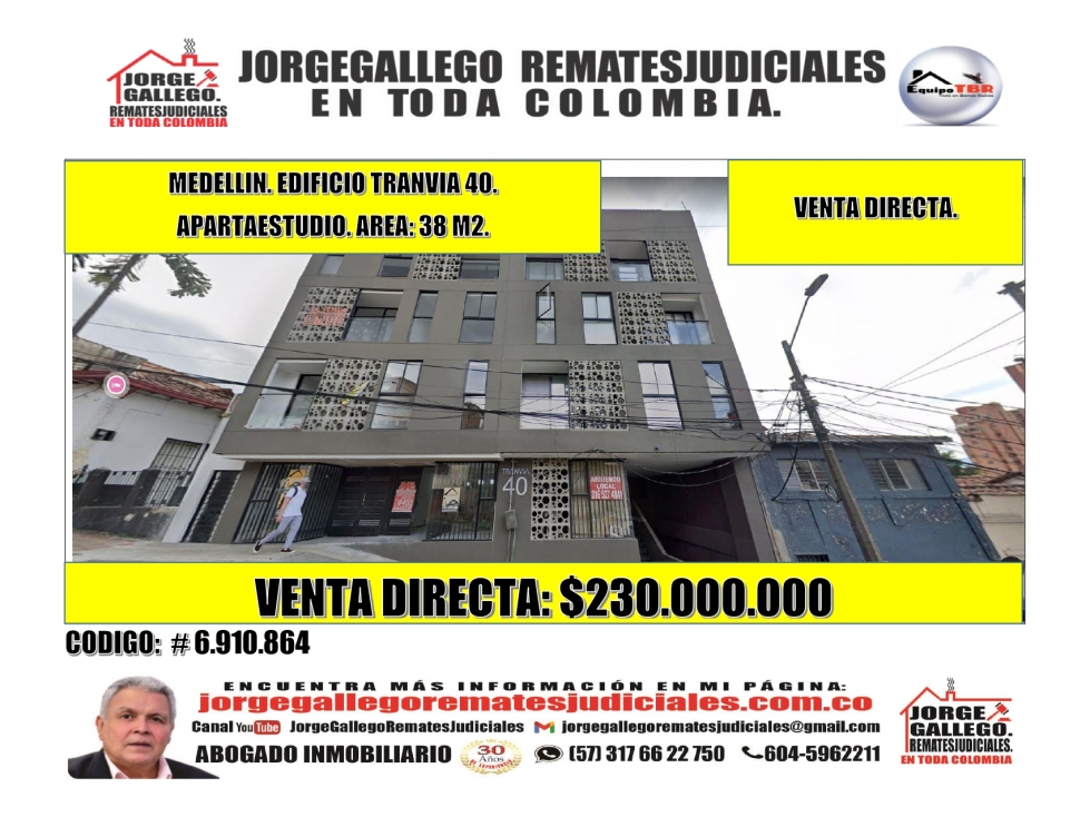 Venta Directa Medellin Ed. Tranvia 40 Area :38M2.