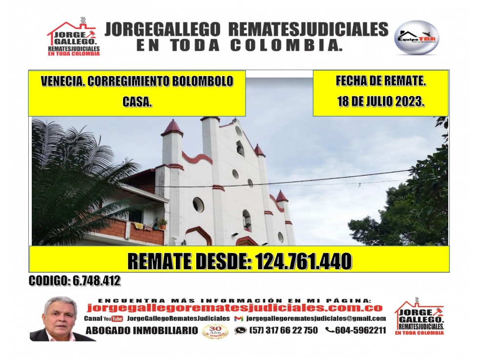 Remate. Venecia. Corregimiento Bolombolo. Casa.