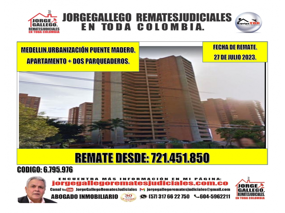 Remate. Medellin. Urb. Puente Madero. Apartamento+Dos Parqueaderos.