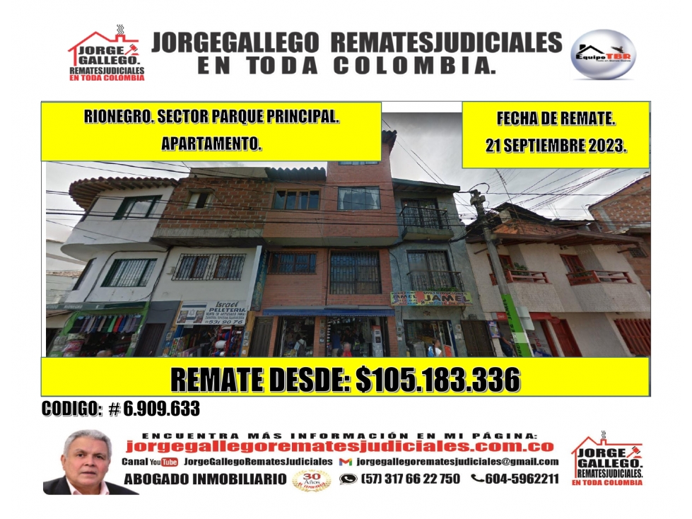 Remate. Rionegro, Sector Parque Principal. Apartamento.