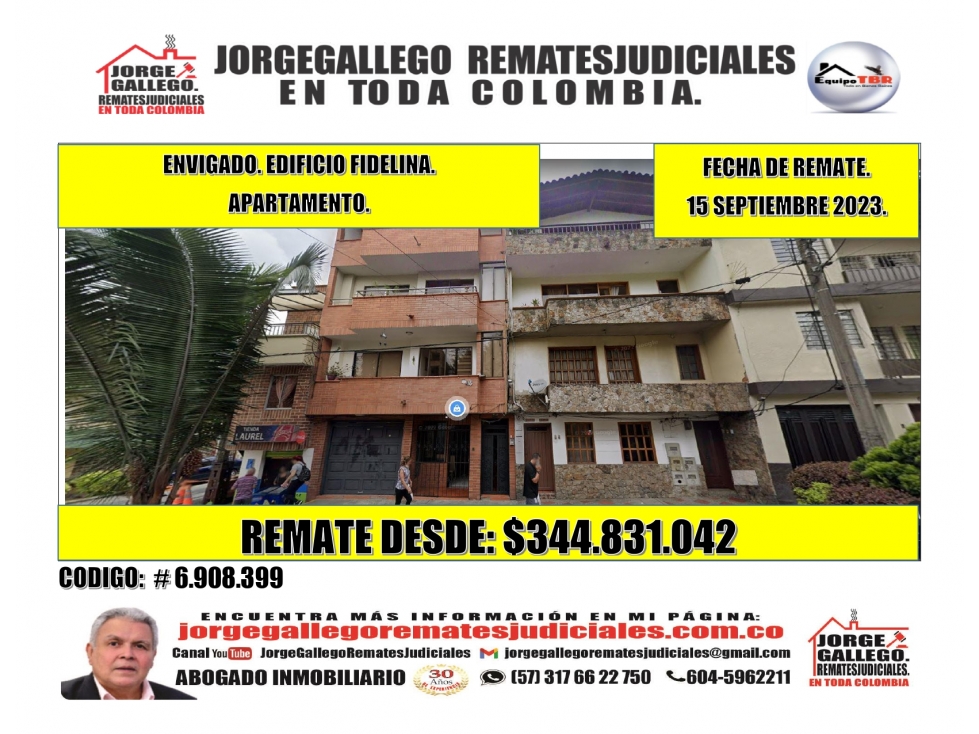 Remate.Envigado. Edificio Fidelina. Apartamento.