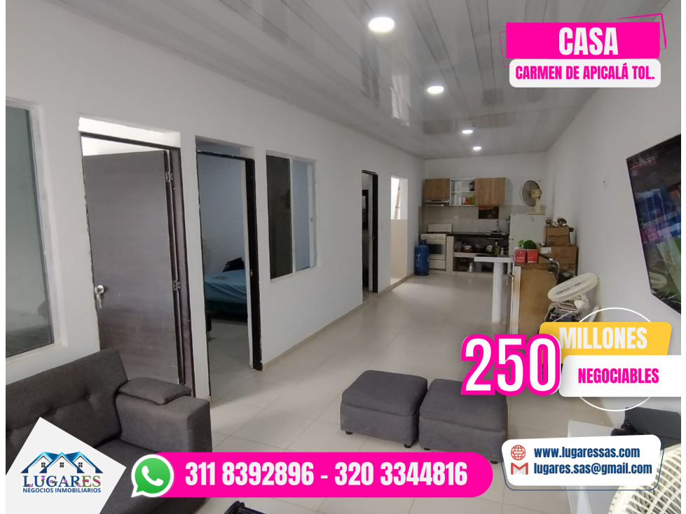 CASA EN VENTA DE 130 m2  EN EL CARMEN DE APICALÁ TOL (URBANO)