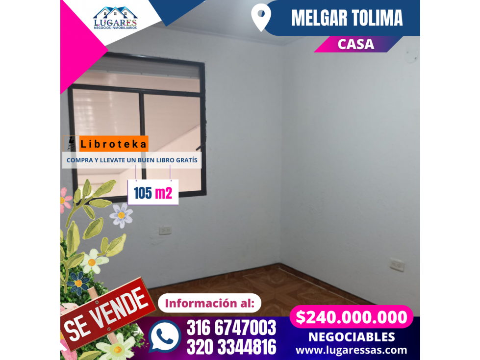 CASA EN VENTA  2 PISOS DE 105 M2 EN MELGAR TOLIMA (URBANA)